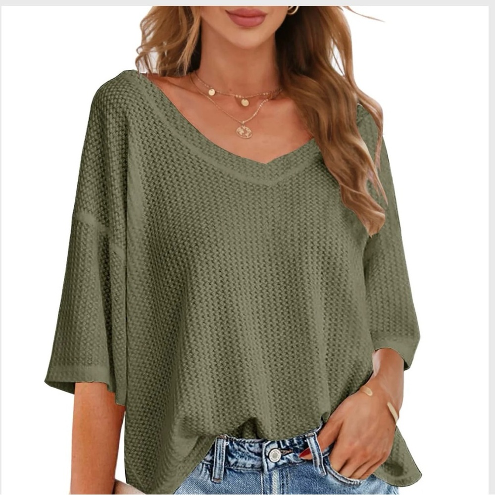 Merokeety Women's Small V-Neck Waffle Knit Top - Olive Green - Picture 2 of 8